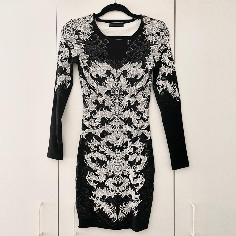 NWOT RVN Scorpio Lace Jacquard Baroque Gorgeous Black White Long Sleeve Dress XS